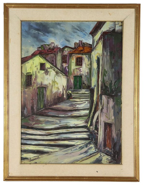Pittore Italiano Arte Contemporanea - Firmato. "Scorcio di paese con scalinata", dipinto ad olio su tela