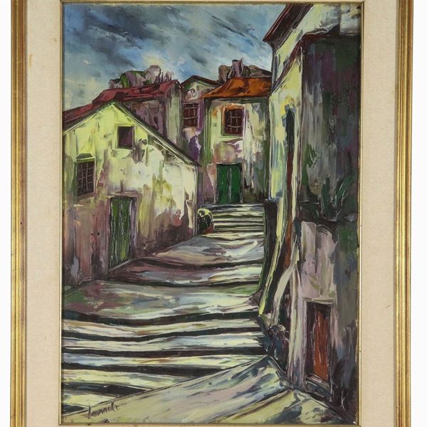 Pittore Italiano Arte Contemporanea - Signed. "View of a village with staircase", oil painting on canvas