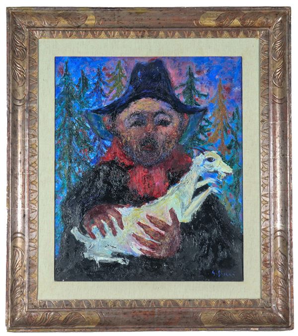 Giuseppe Succi - Firmato. "Pastore abruzzese con capretta", dipinto ad olio su tela