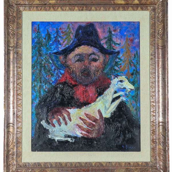 Giuseppe Succi - Signed. "Abruzzo shepherd with goat", oil painting on canvas