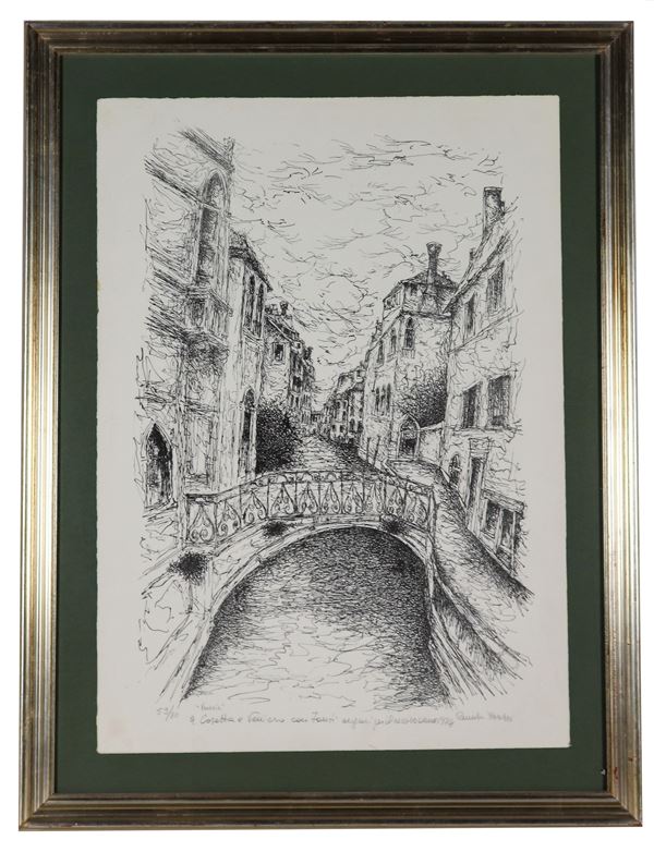 Renato Bussi - Signed. "Glimpse of a street in Venice", lithograph on paper, multiple 59/80