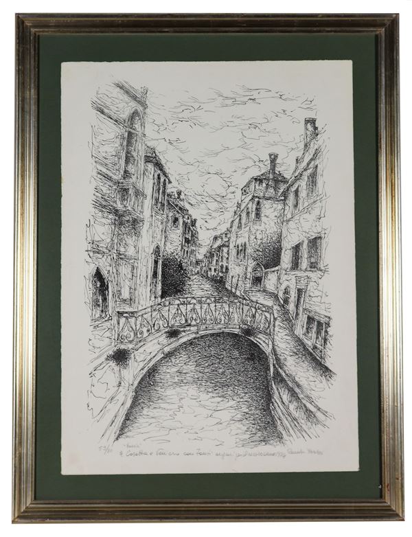 Renato Bussi - Firmata. "Scorcio di calle a Venezia", litografia su carta, multiplo 59/80
