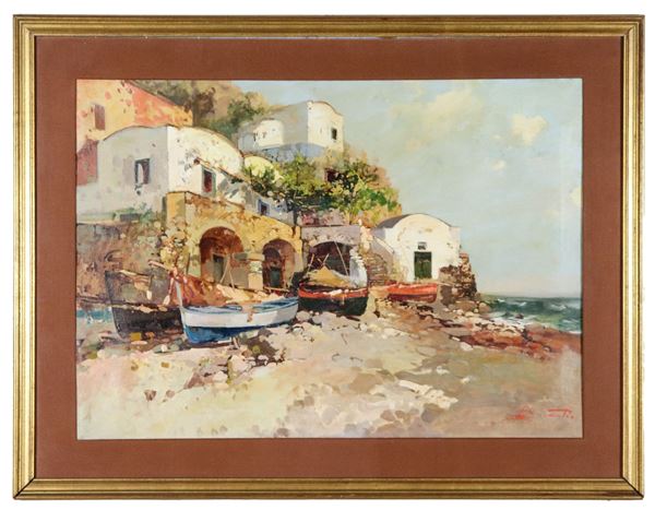 Ezelino Briante - Firmato. "Scorcio di case di pescatori con barche in secca", dipinto ad olio su tela