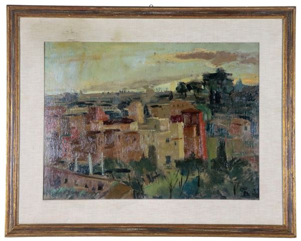 Luigi Surdi - Firmato e datato 1944. "Veduta dei tetti di Roma al tramonto", dipinto ad olio