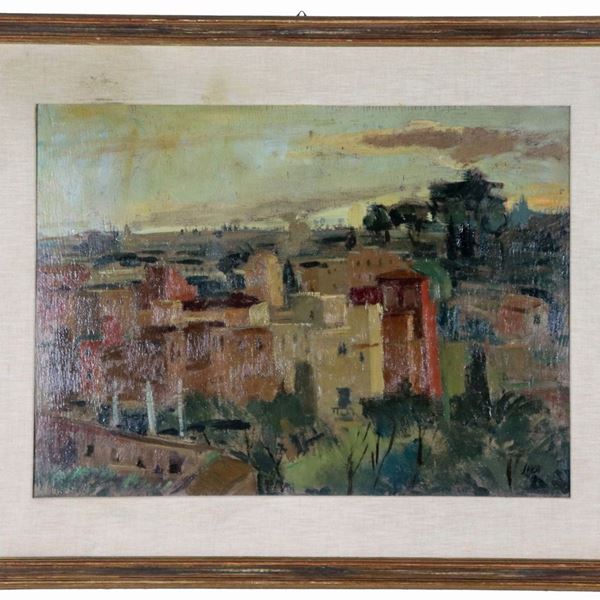 Luigi Surdi - Firmato e datato 1944. "Veduta dei tetti di Roma al tramonto", dipinto ad olio