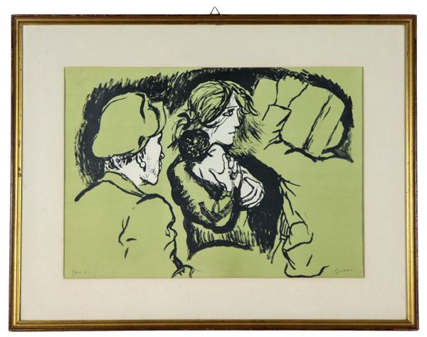 Renato Guttuso - Signed. "The departure", Author's proof, lithograph on paper