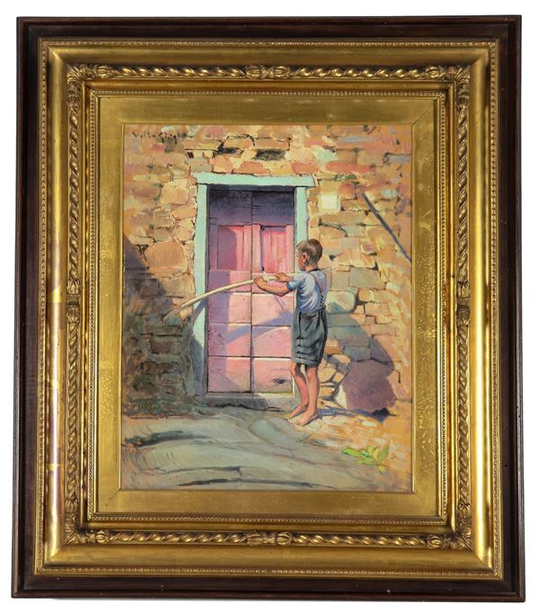 Valentino Ghiglia - Firmato e sul retro datato 1941. "Bambino sull'uscio di casa", dipinto ad olio