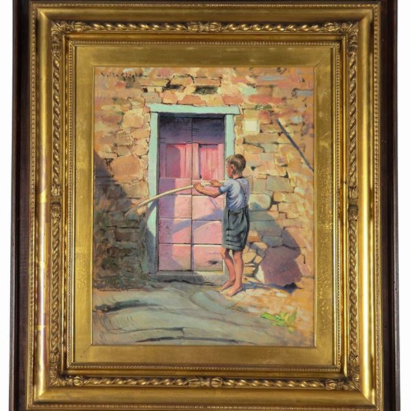 Valentino Ghiglia - Firmato e sul retro datato 1941. "Bambino sull'uscio di casa", dipinto ad olio
