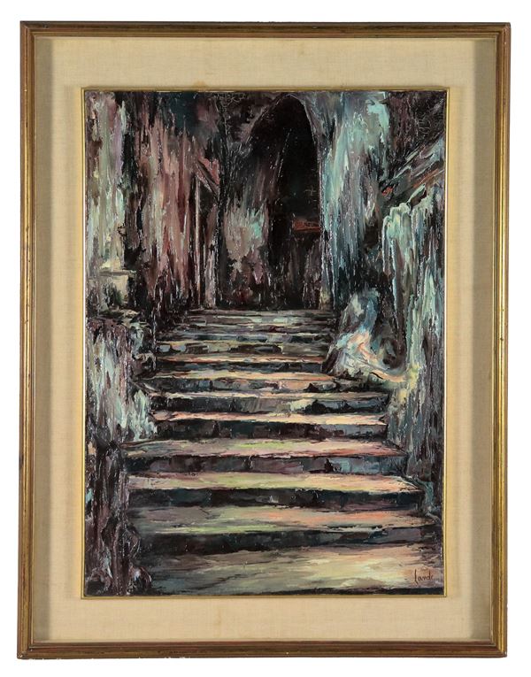 Antonietta Lande - Firmato. "Entrata di palazzo con scalinata", dipinto ad olio