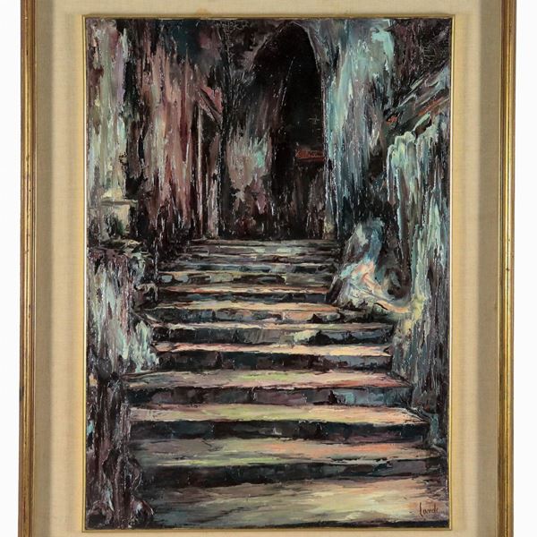 Antonietta Lande - Signed. "Palace entrance with staircase", oil painting