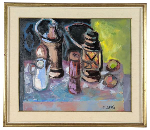 David Grazioso - Firmato "7 David" e datato sul retro 1965. "Natura morta di frutta, caffettiere e lanterna", dipinto ad olio su tela
