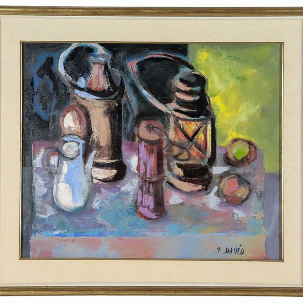 David Grazioso - Firmato "7 David" e datato sul retro 1965. "Natura morta di frutta, caffettiere e lanterna", dipinto ad olio su tela