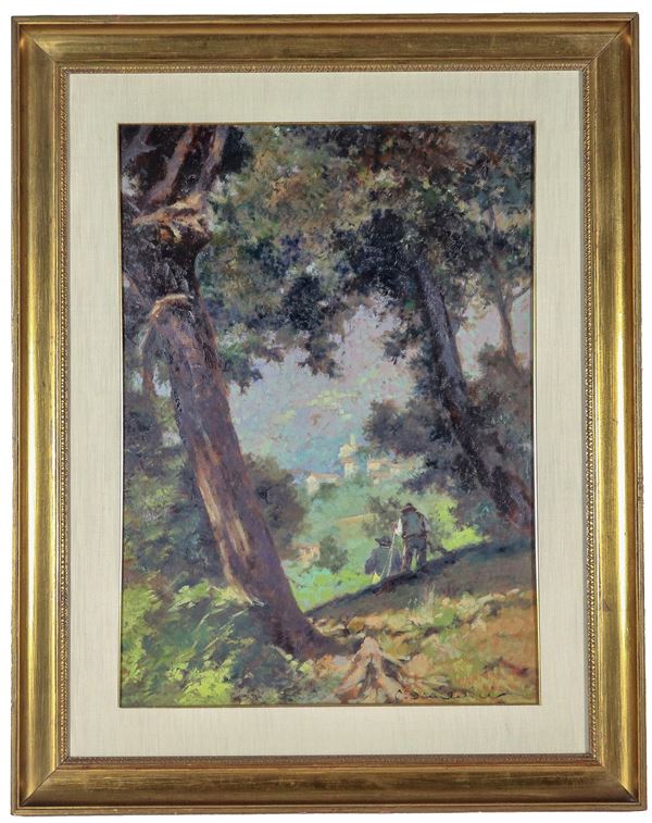 Carlo Domenici - Firmato. "Paesaggio con bosco, contadini e paesino collinare all'Isola d'Elba", dipinto ad olio