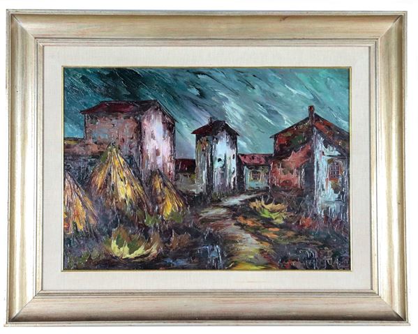 Antonietta Lande - Firmato. "Scorcio di paese con case e covoni di grano", dipinto ad olio su tela