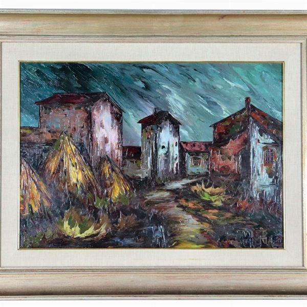 Antonietta Lande - Signed. "Glimpse of a village with houses and sheaves of wheat", oil painting on canvas