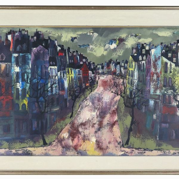 Renato Bussi - Firmato e sul retro datato 1965. "Montparnasse", dipinto ad olio su tela