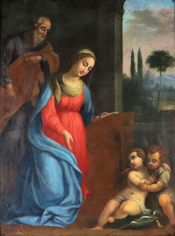 Scuola Bolognese XVIII Secolo - "Sacra Famiglia con San Giovannino e paesaggio sullo sfondo", dipinto ad olio su tela