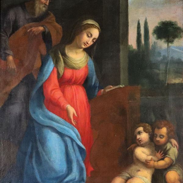 Scuola Bolognese XVIII Secolo - "Sacra Famiglia con San Giovannino e paesaggio sullo sfondo", dipinto ad olio su tela