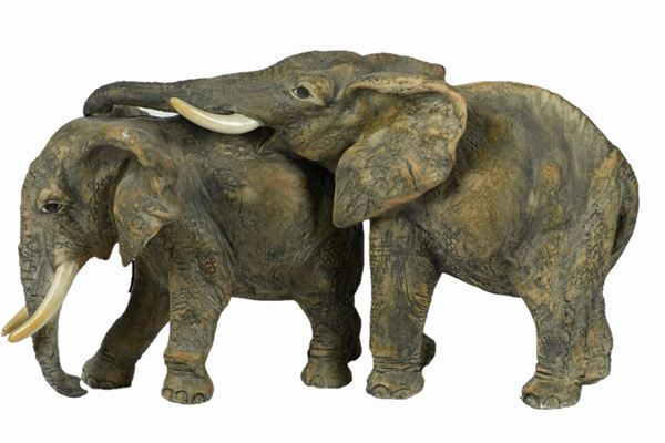 &quot;Elephants&quot; patinated ceramic group by Cacciapuoti