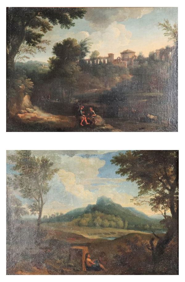 Scuola Romana Fine XVII Secolo - "Paesaggi laziali arcaici con la sosta dei viandanti", coppia di dipinti ad olio su tela