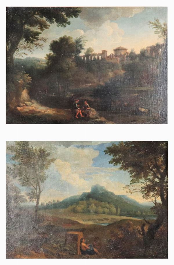 Scuola Romana Fine XVII Secolo - "Paesaggi laziali arcaici con la sosta dei viandanti", coppia di dipinti ad olio su tela