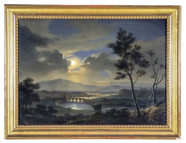 Christian Von Plattensteiner - Attribuito. "Paesaggio notturno con plenilunio", dipinto ad olio su tela