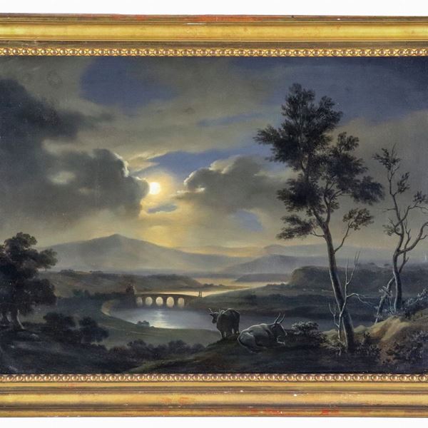 Christian Von Plattensteiner - Attribuito. "Paesaggio notturno con plenilunio", dipinto ad olio su tela