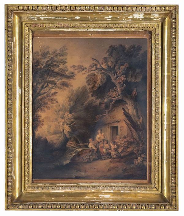 George Morland - Attribuito. "Scena campestre con contadini", acquarello su carta