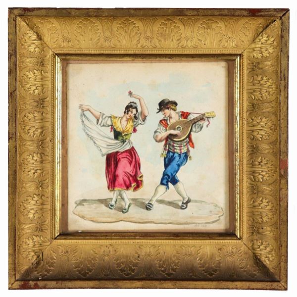 Filippo Meli - Firmato e datato 1843. "Saltarello di popolani romani", piccolo acquarello su carta