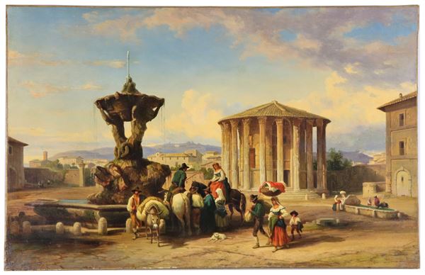 Scuola Romana Met&#224; XIX Secolo - Traces of signature and inscription Rome. 'View of the Forum Boarium with the Temple of Hercules Victor, known as Vesta and peasants around the Fountain of the Tritons', bright and fine oil painting on canvas of excellent pictorial execution