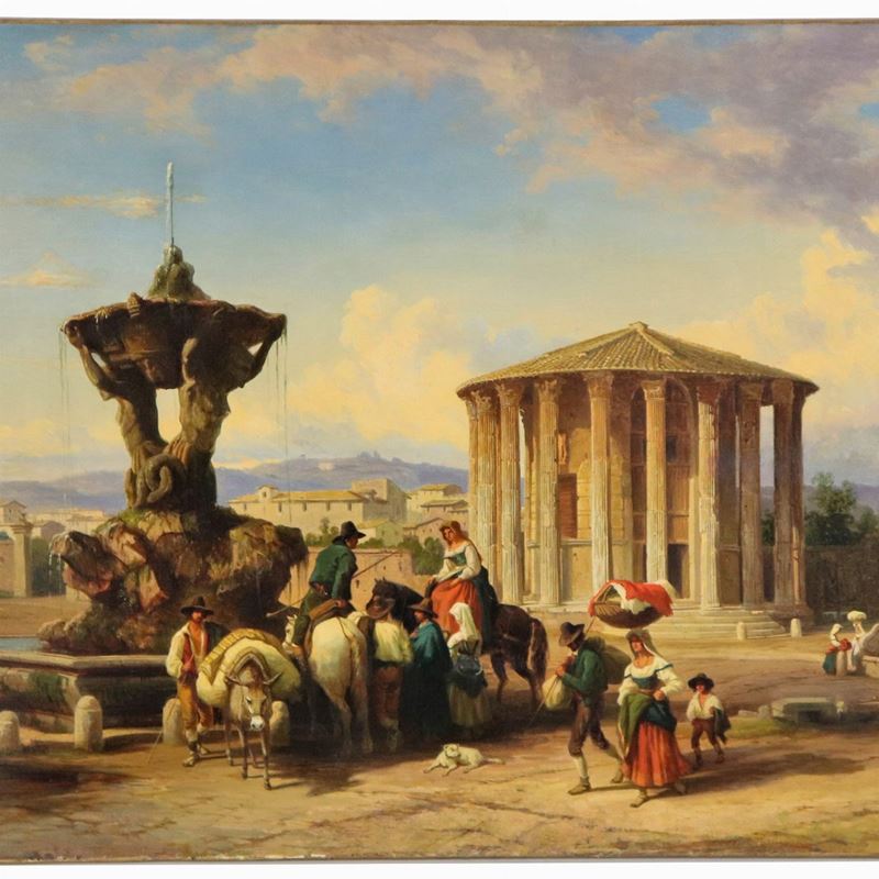 Tracce di firma e iscritto Roma. 'Veduta del Foro Boario con il Tempio di Ercole Vincitore, detto...