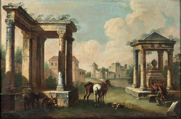 Pittore Bambocciante Fine XVII Secolo - "La sosta dei viandanti sulla Via Appia con architetture e ruderi", piccolo dipinto ad olio su tela