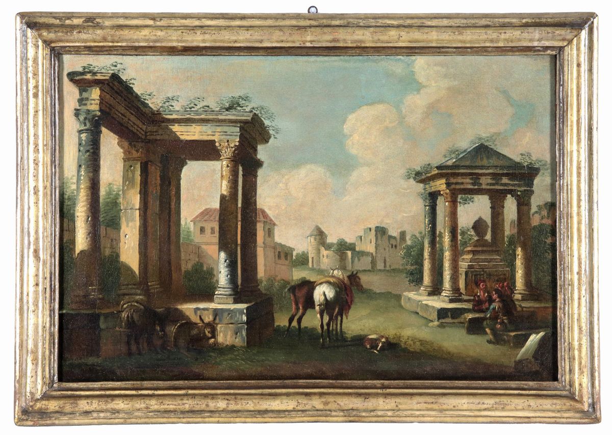 "La sosta dei viandanti sulla Via Appia con architetture e ruderi", piccolo dipinto ad olio su te...