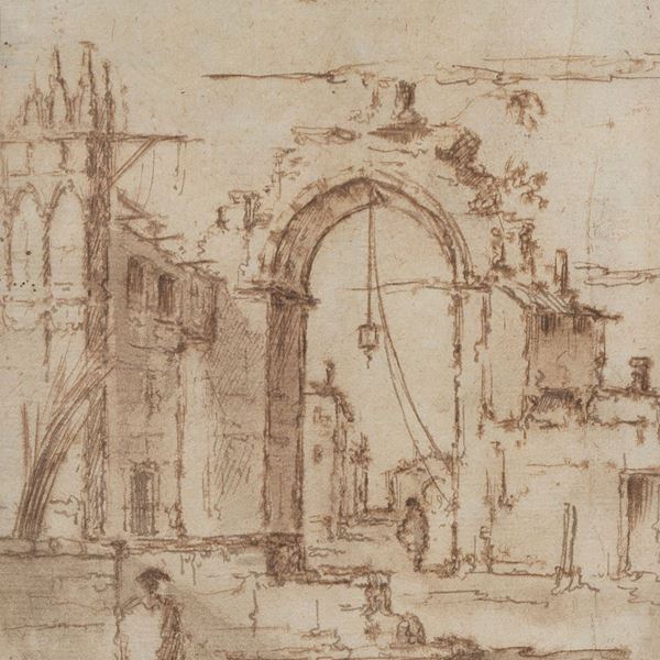 Scuola Veneta Fine XVIII Secolo - "Capriccio Veneziano", antico piccolo disegno a china su carta