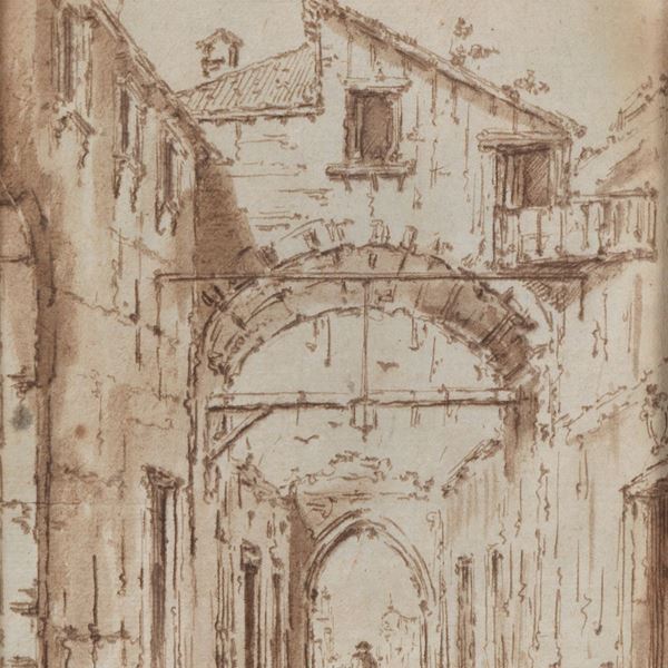 Scuola Veneta Fine XVIII Secolo - "Capriccio Veneziano", antico piccolo disegno a china su carta