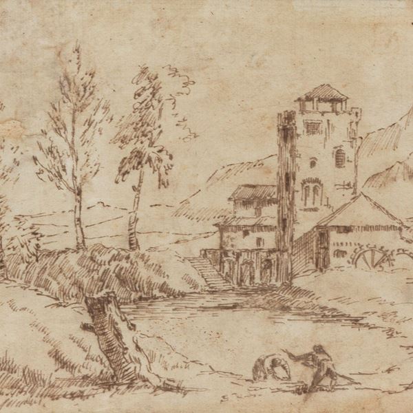 Scuola Veneta Fine XVIII Secolo - "Paesaggio con case, corso d'acqua e pescatori", antico piccolo disegno a china su carta