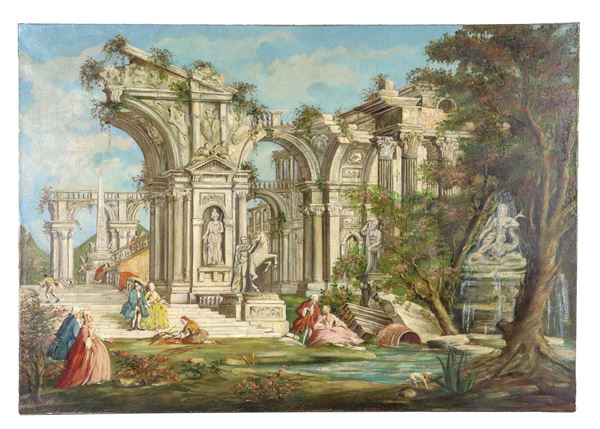 Lucia Ponga degli Ancillo - Signed. "Venetian villa with ruins and gallant scenes with nobles", bright oil painting on canvas