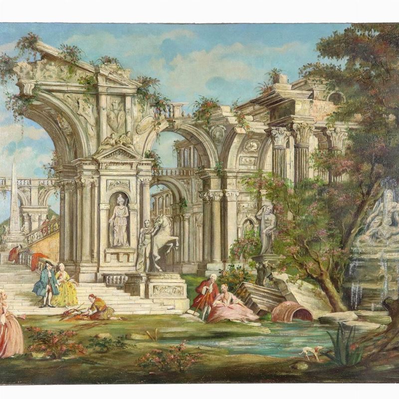 Firmato. "Villa veneziana con ruderi e scene galanti con i nobili", luminoso dipinto ad olio su t...