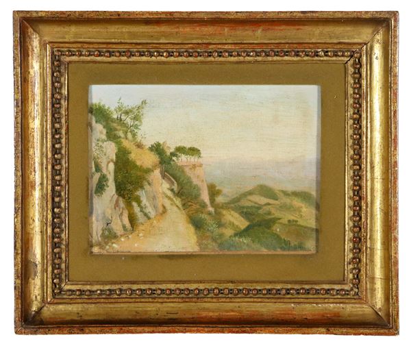 Scuola Italiana XIX Secolo - Traces of signature. "Lazio landscape with climb and viewpoint in the background", small oil painting on canvas glued to cardboard