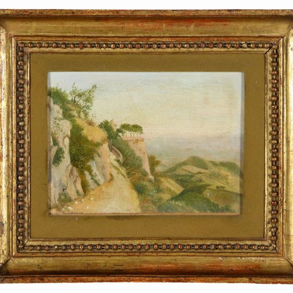 Scuola Italiana XIX Secolo - Tracce di firma. "Paesaggio laziale con salita e belvedere sullo sfondo", piccolo dipinto ad olio su tela incollata a cartone