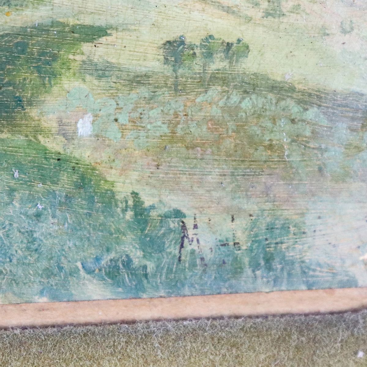 Tracce di firma. "Paesaggio laziale con salita e belvedere sullo sfondo", piccolo dipinto ad olio...