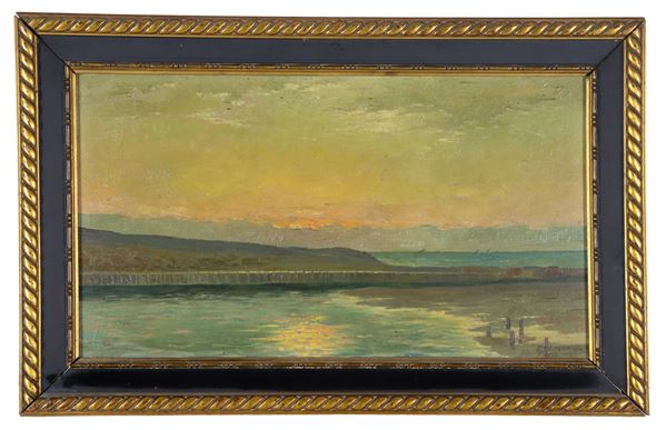 Ermilio Lazzaro - Signed and dated 1929. "Sunrise in Fano", small oil painting on pressed cardboard