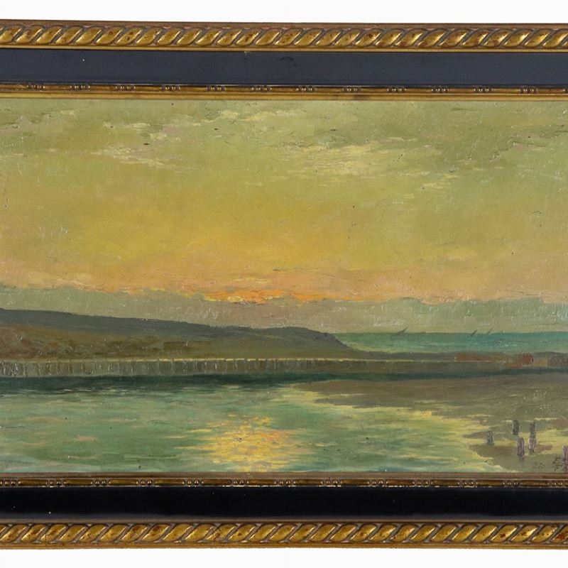 Firmato e datato 1929. "Alba a Fano", piccolo dipinto ad olio su cartone pressato