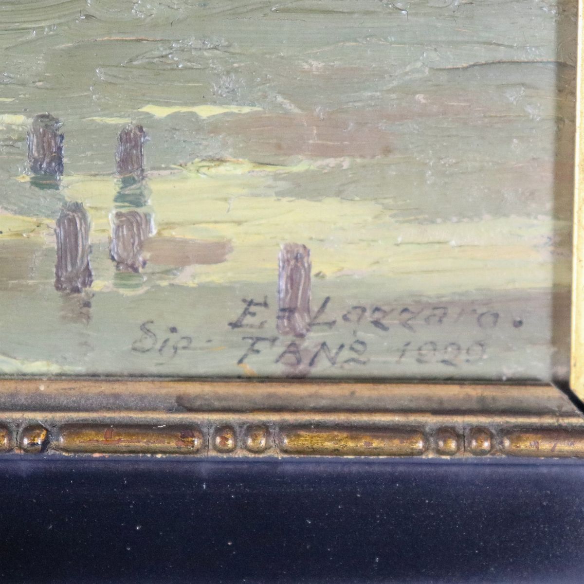 Firmato e datato 1929. "Alba a Fano", piccolo dipinto ad olio su cartone pressato