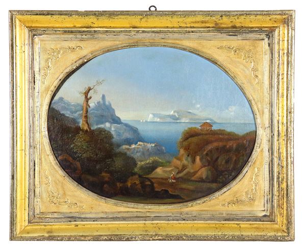 Pittore Italiano XIX Secolo - Firmato e iscritto Napoli 1869. "Veduta di Capri dalla Costa Sorrentina", piccolo dipinto ovale ad olio su tela