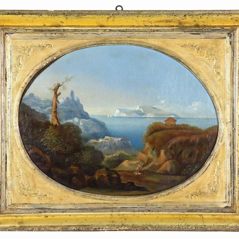 Firmato e iscritto Napoli 1869. "Veduta di Capri dalla Costa Sorrentina", piccolo dipinto ovale a...
