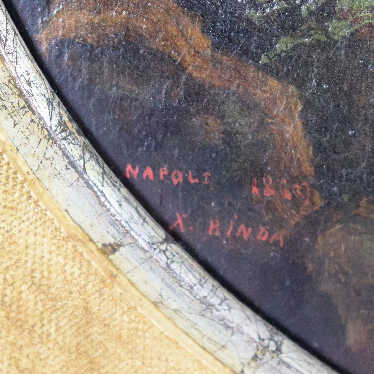 Firmato e iscritto Napoli 1869. "Veduta di Capri dalla Costa Sorrentina", piccolo dipinto ovale a...
