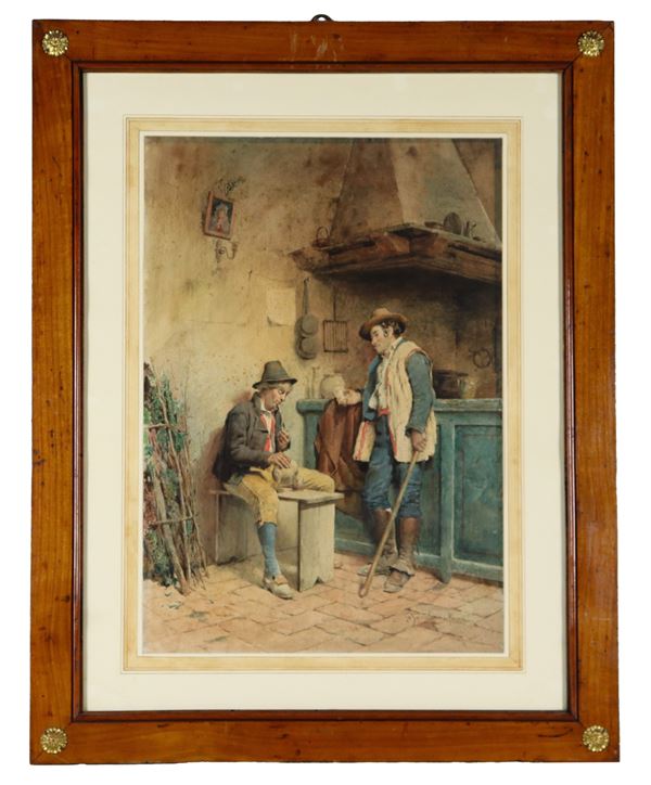 Filippo Bartolini - Signed and inscribed Rome. "Kitchen interior with drinkers", bright watercolor on paper
