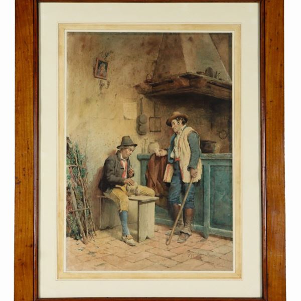 Filippo Bartolini - Firmato e iscritto Roma. "Interno di cucina con bevitori", luminoso acquarello su carta