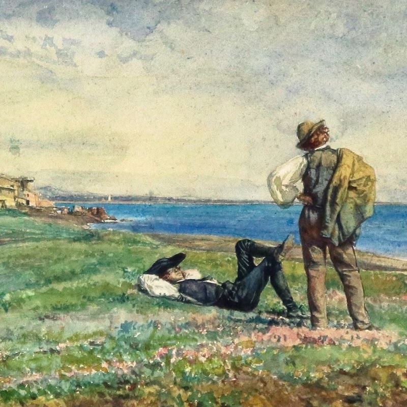 Firmato. "Paesaggio con veduta di costa laziale e personaggi sul prato", luminoso piccolo acquare...